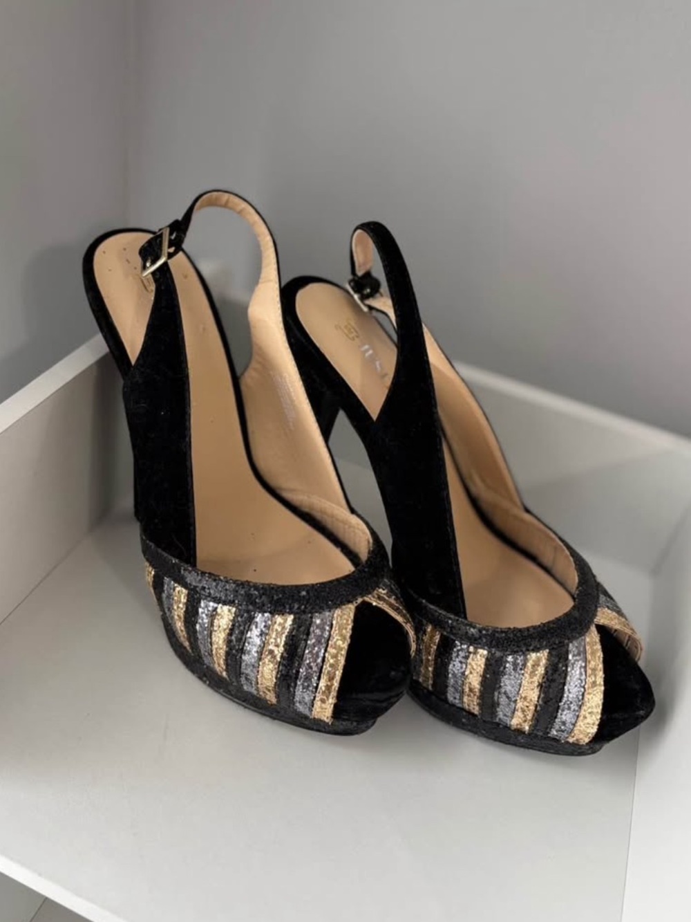 JustFab Black and Gold Sequin Peep-Toe Slingback Heels